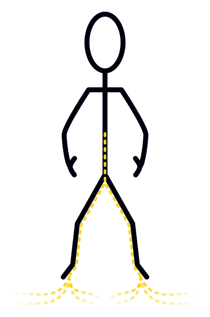 Stick figure standing with knees soft, a dotted line running down the centre of the body and out through the legs to the ground, showing energy flowing down to the bubbling-spring point at the feet.