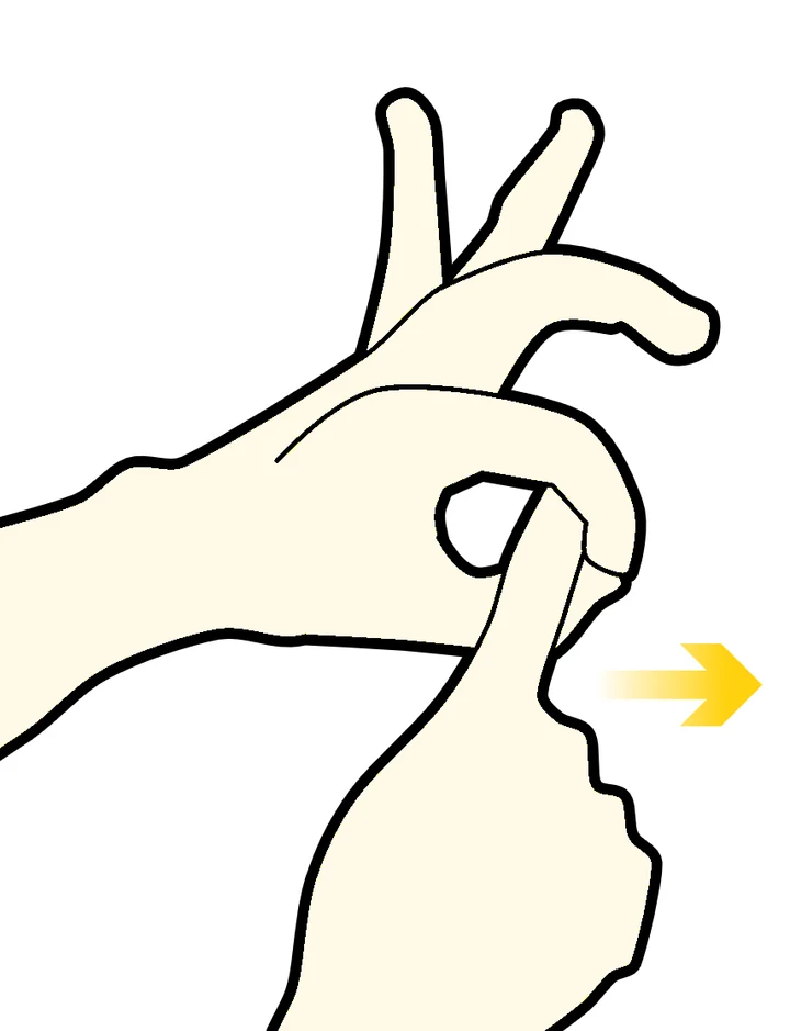 Two hands: the non-dominant hand's finger and thumb pressed together in a ring, while the dominant hand's index finger sits inside the ring, a gold arrow showing it pushing sideways against the lock.