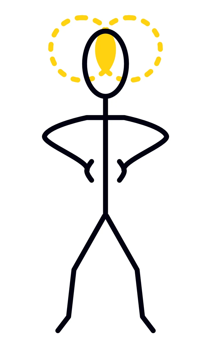 Stick figure standing with hands at the hips, one side of the head glowing gold, a dashed figure-of-eight loop circling both hemispheres of the head.
