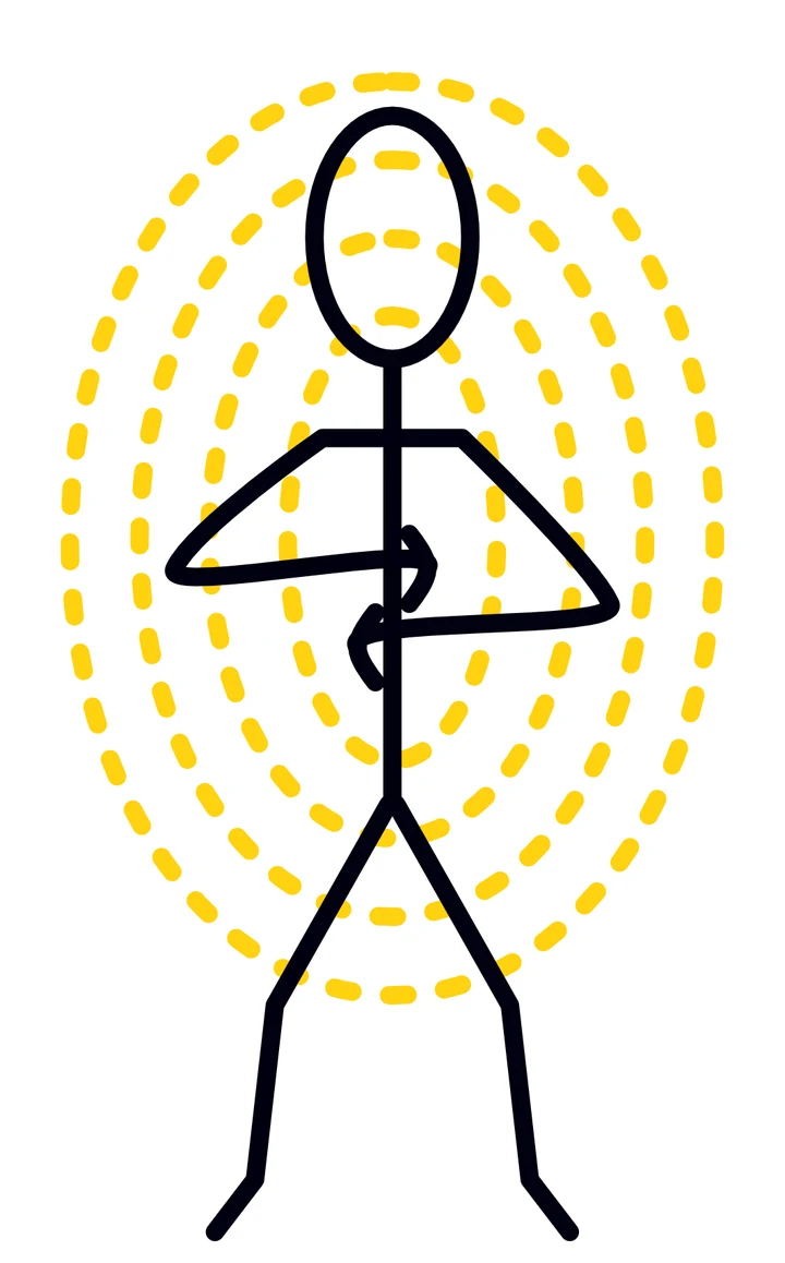 Stick figure with the hands drawn in to the heart and belly, rings of gold dashed light radiating around the whole body.