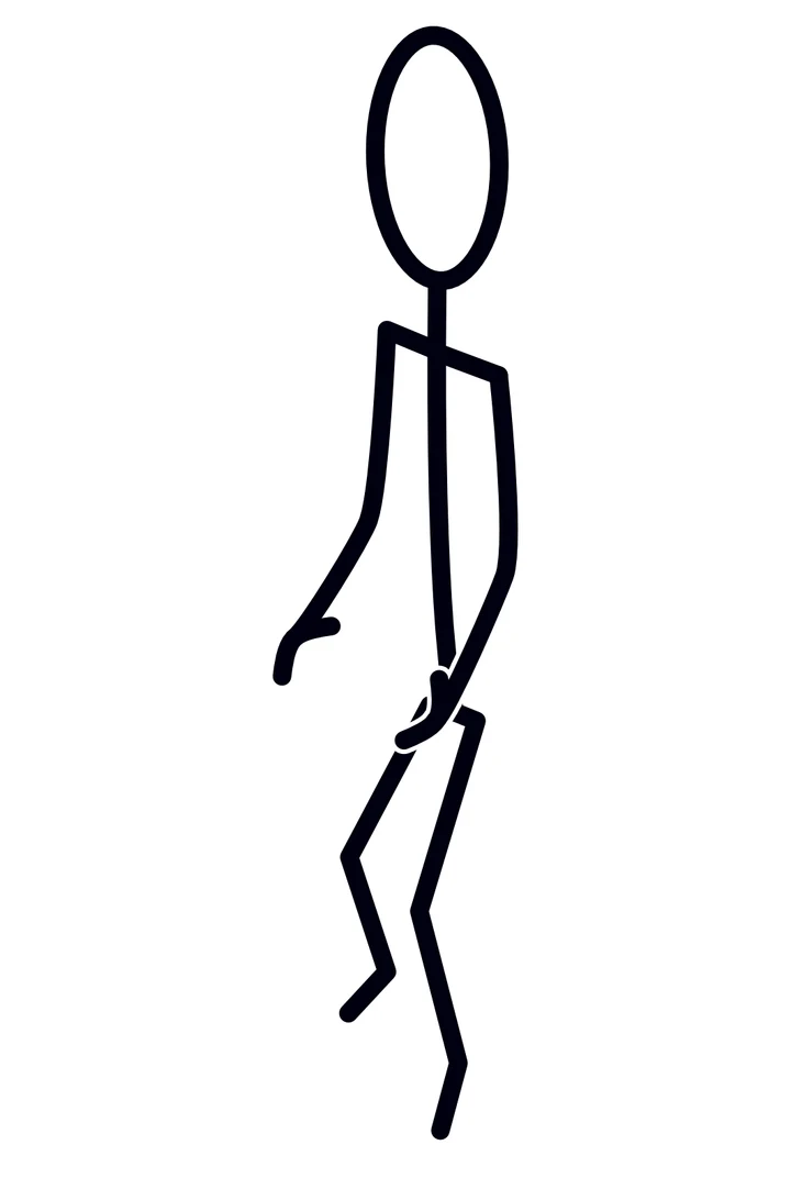 Stick figure shown side-on in Wu Chi: head balanced level, the back of the neck lengthened, shoulders relaxed, arms hanging loosely at the sides.