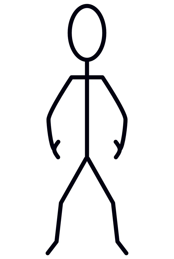 Stick figure standing in Wu Chi facing forward: feet planted apart, knees soft and unlocked, arms relaxed and slightly bent at the sides.